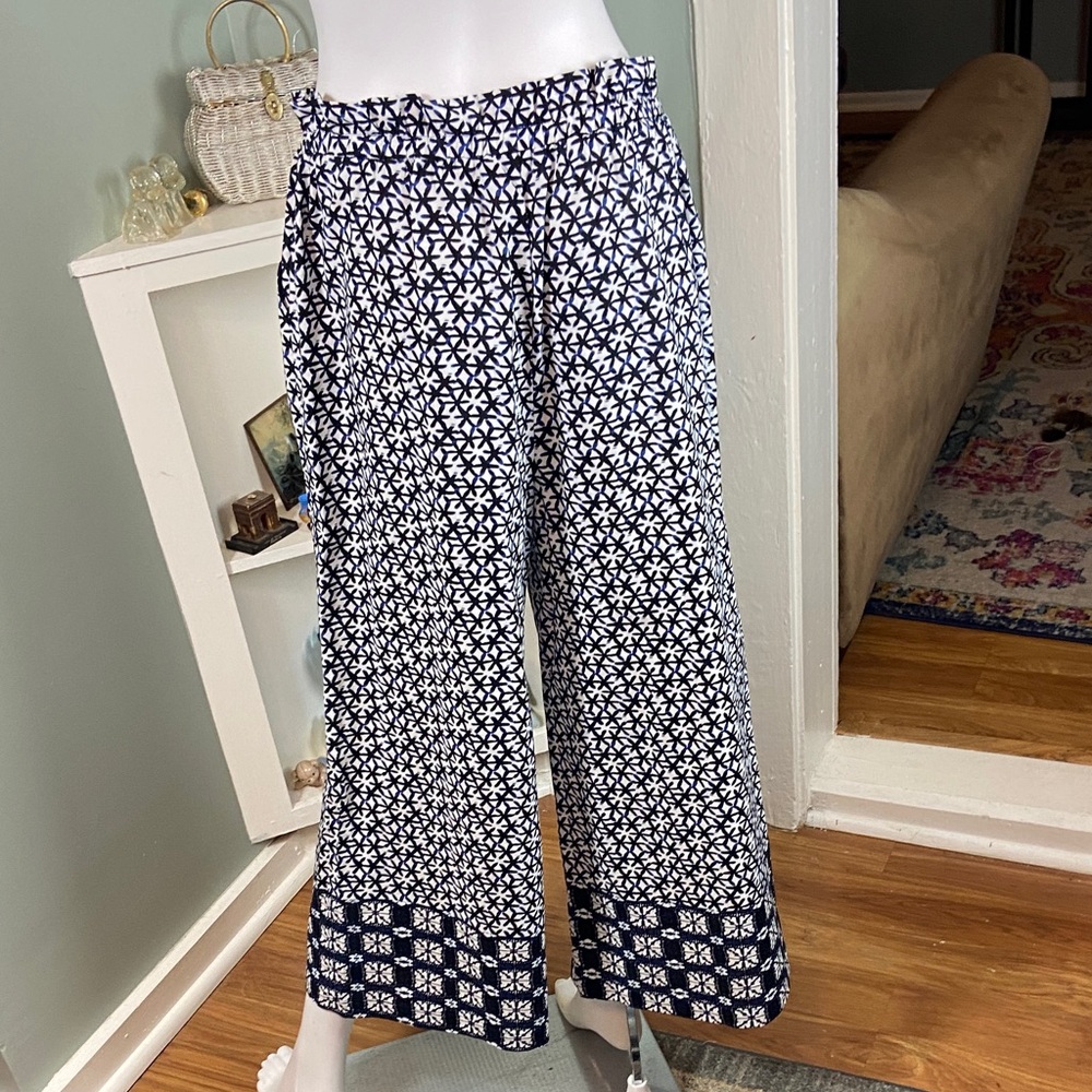 Kourt Cropped Navy blue White Floral Wide Leg Pants Geometric XL XLarge Crop - Picture 7 of 9